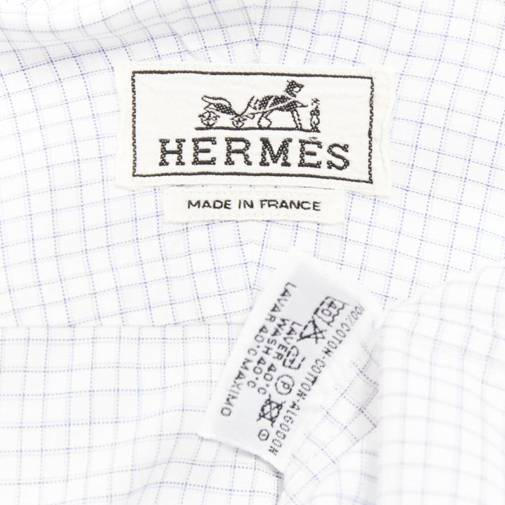 HERMES white blue small checked cotton collared shirt EU39 M