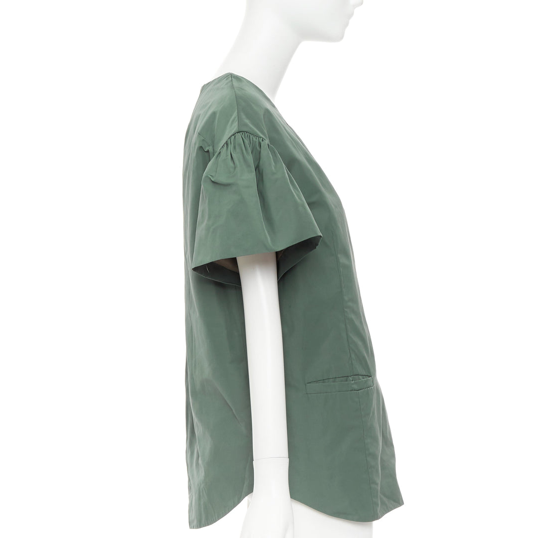 DRIES VAN NOTEN 2017 Runway green taffeta darted neck flutter sleeve top FR36 S