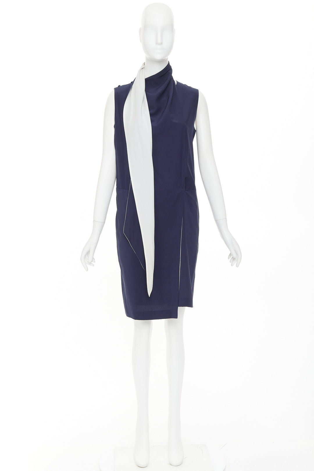 OLD CELINE 2010 Phoebe Philo navy ivory double layer silk scarf dress FR38 M