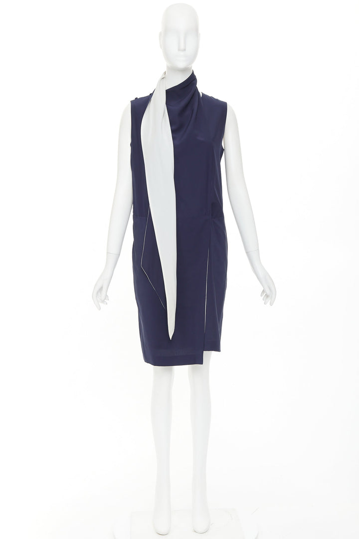 OLD CELINE 2010 Phoebe Philo navy ivory double layer silk scarf dress FR38 M