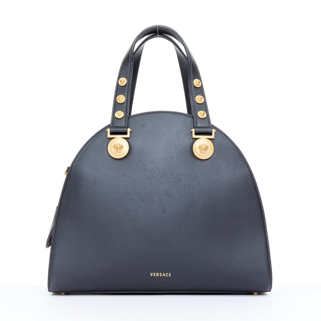 VERSACE 2018 Runway Tribute Medallion bondage black leather bowling bag