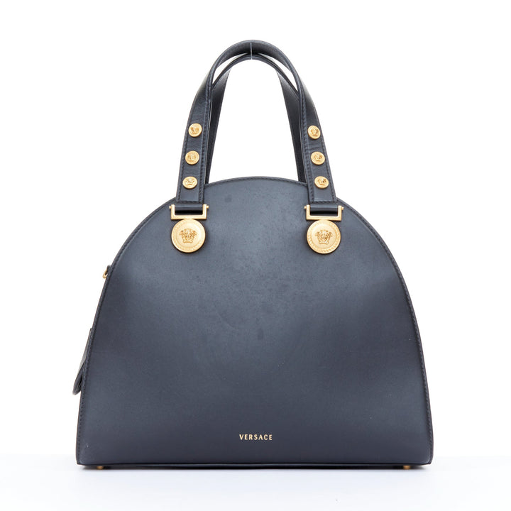 VERSACE 2018 Runway Tribute Medallion bondage black leather bowling bag