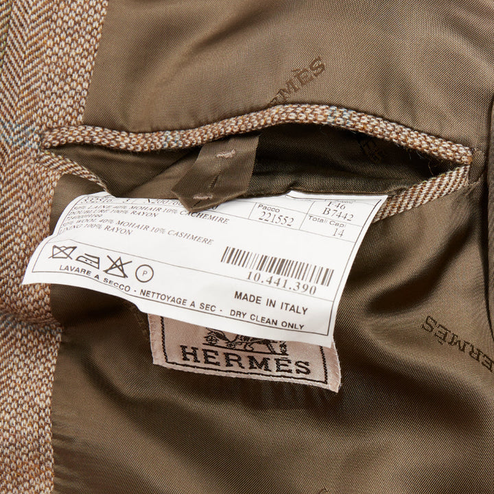 HERMES brown blue wool mohair cashmere checked full canvas blazer EU50 L
