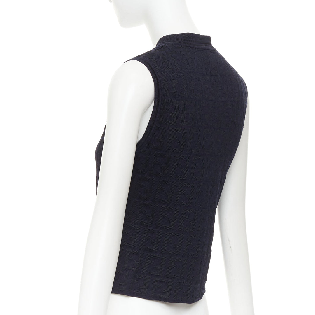 FENDI 1990s Maglia Vintage black navy FF Zucca monogram knit vest top IT40 S