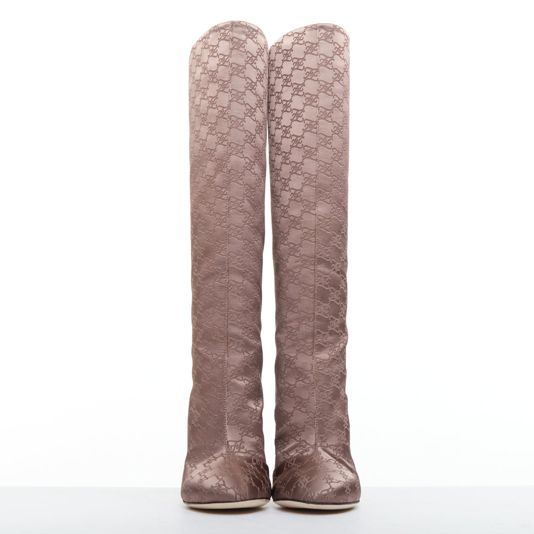 FENDI FF Karligraphy brown satin monogram knee high boots EU35