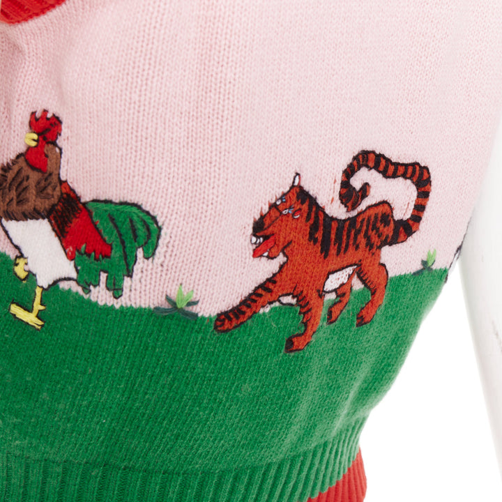 GUCCI 2017 pink green farmyard animal intarsia wool knit sweater vest XS