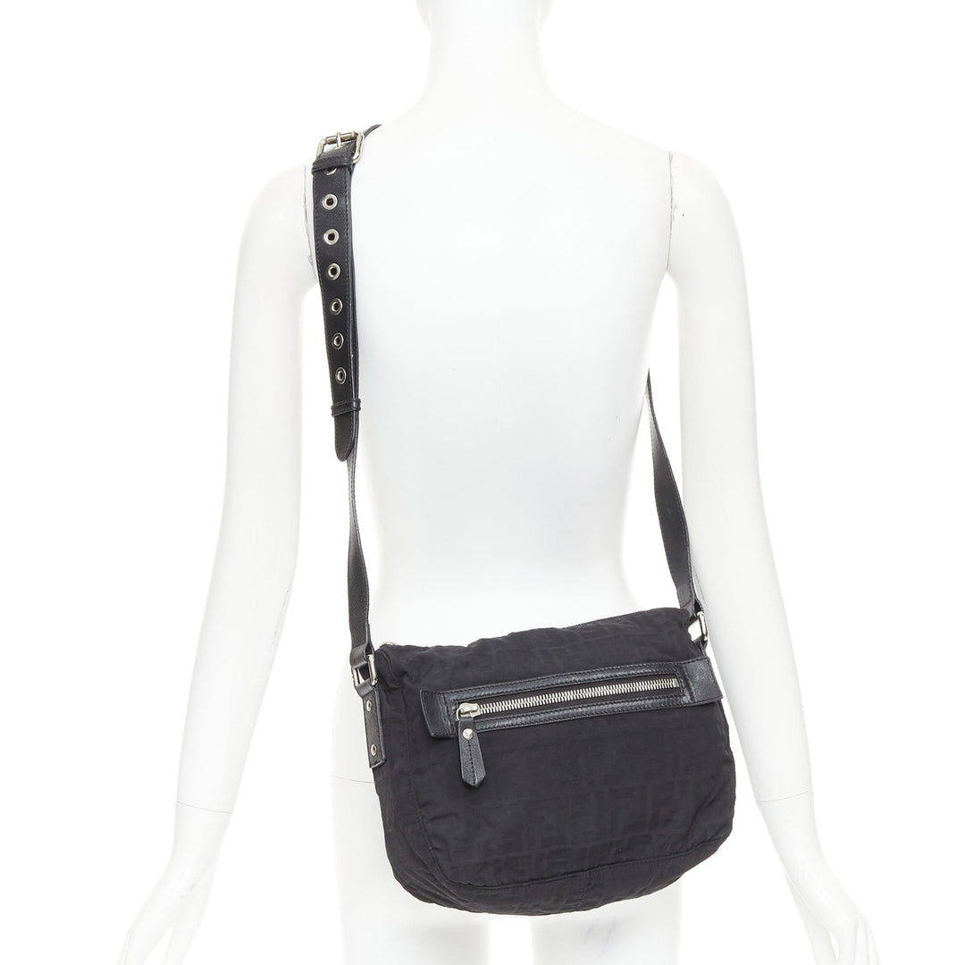 FENDI Vintage black FF Zucca monogram leather trim crossbody messenger bag