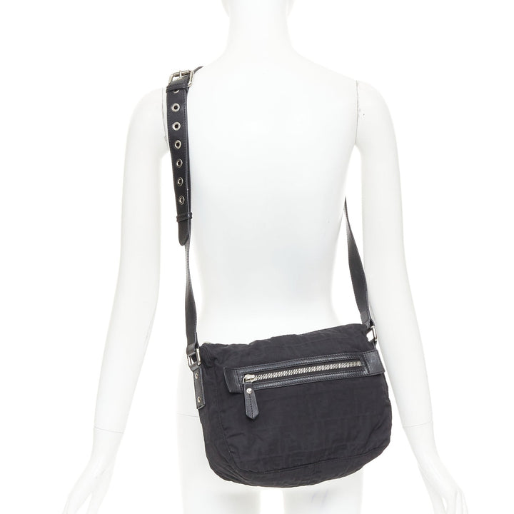 FENDI Vintage black FF Zucca monogram leather trim crossbody messenger bag