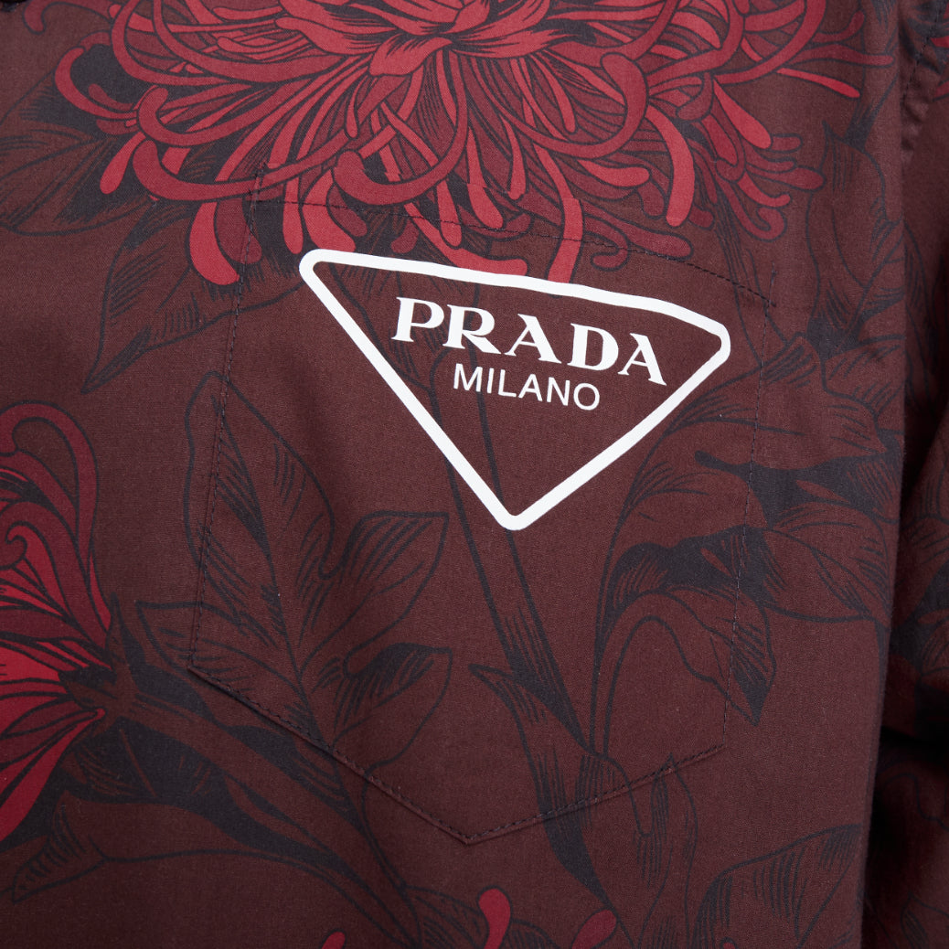 PRADA 2021 Runway Double Match red iris burgundy floral split bowling shirt L