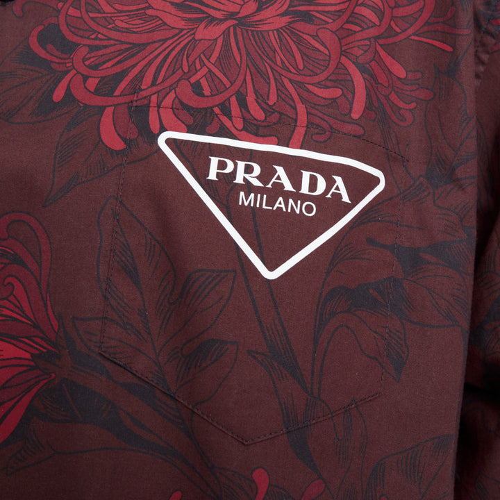 PRADA 2021 Runway Double Match red iris burgundy floral split bowling shirt L