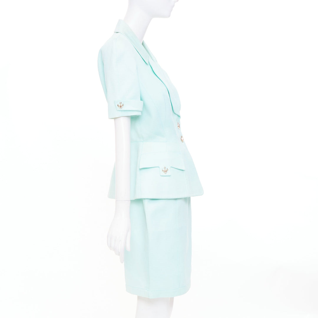 THIERRY MUGLER Vintage pale blue wool textured short sleeve peplum skirt suit