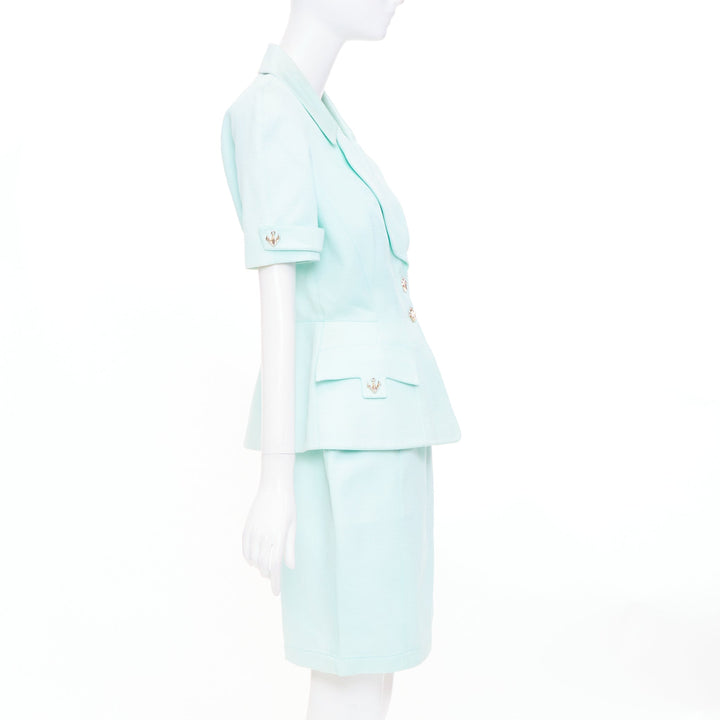 THIERRY MUGLER Vintage pale blue wool textured short sleeve peplum skirt suit