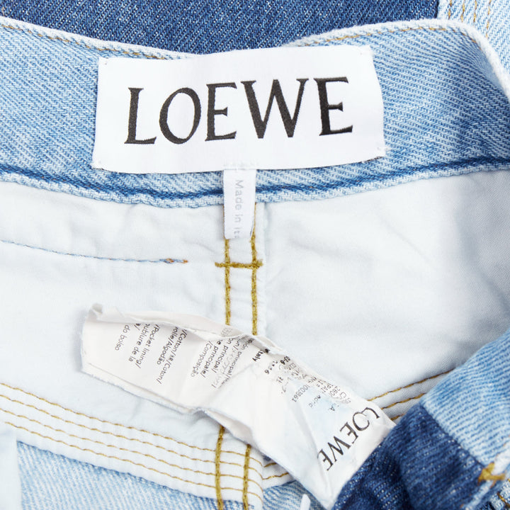 LOEWE blue washed frayed edge mismatch patchwork cropped jeans FR34 XS