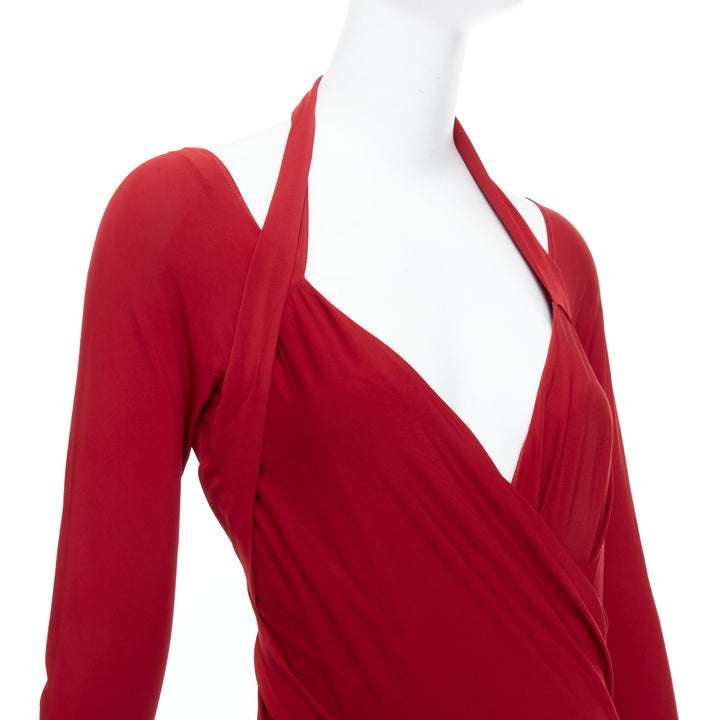 DONNA KARAN red halter plunge tucked draped evening gown dress L