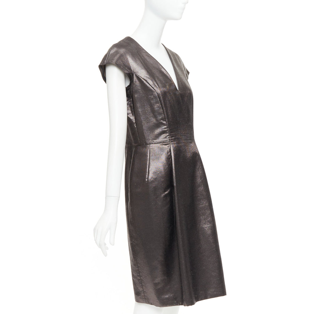 YVES SAINT LAURENT 2009 bronze metallic look V neck sheath dress FR40 S