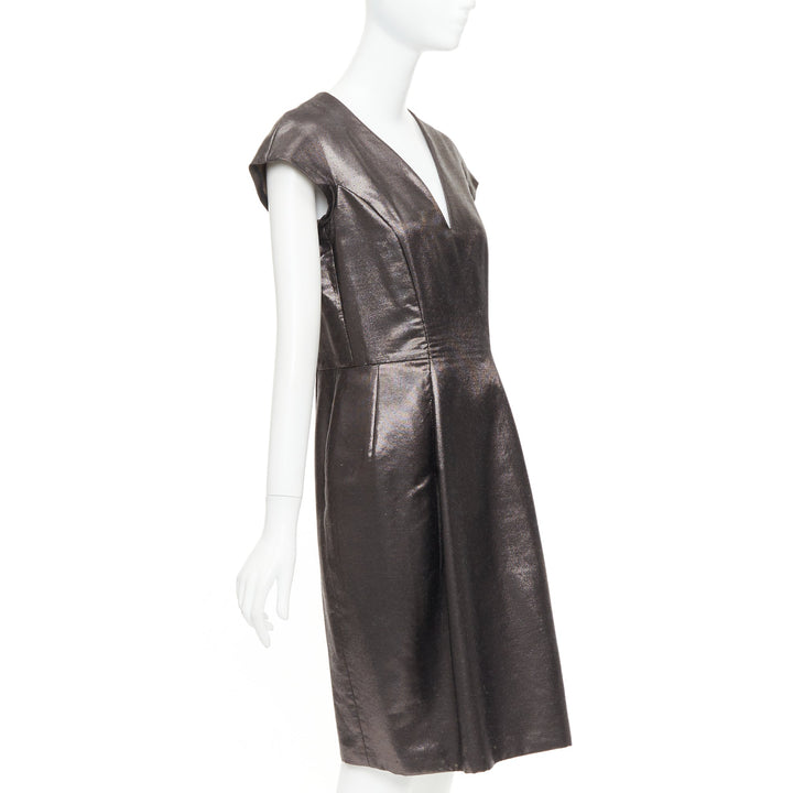 YVES SAINT LAURENT 2009 bronze metallic look V neck sheath dress FR40 S