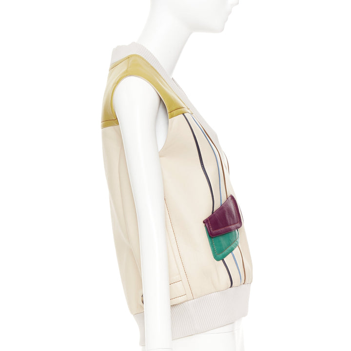PRADA 2017 Runway leather beige colorblocked geometric sweater vest IT36 XXS