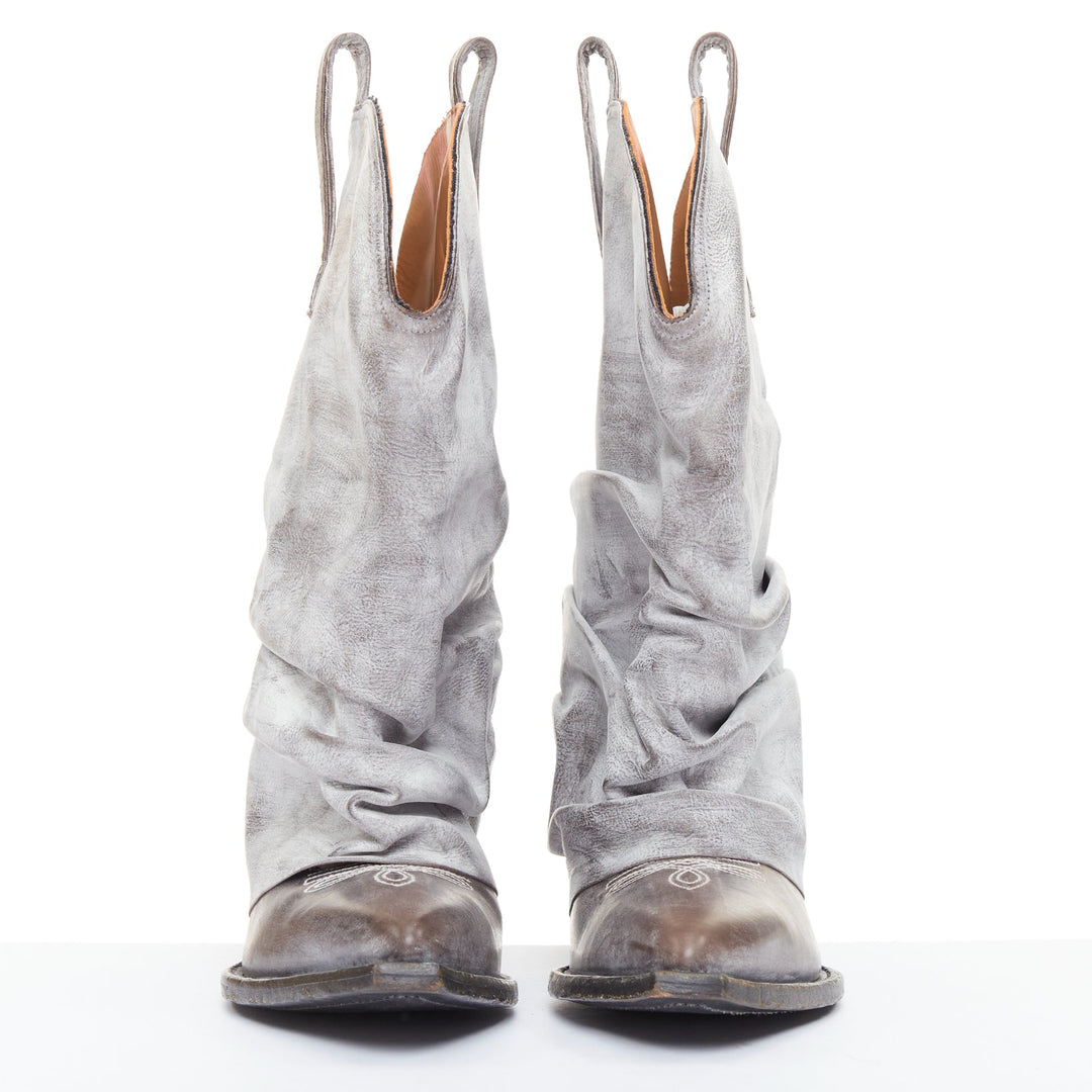 R13 Distressed Low Rider Cowboy grey washed leather slouchy mid calf boots EU38