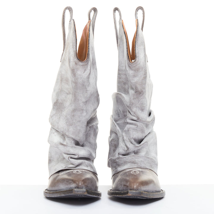 R13 Distressed Low Rider Cowboy grey washed leather slouchy mid calf boots EU38