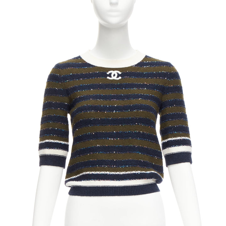 CHANEL 20C navy khaki sequin cashmere blend CC logo stripe crop sweater FR34 XXS