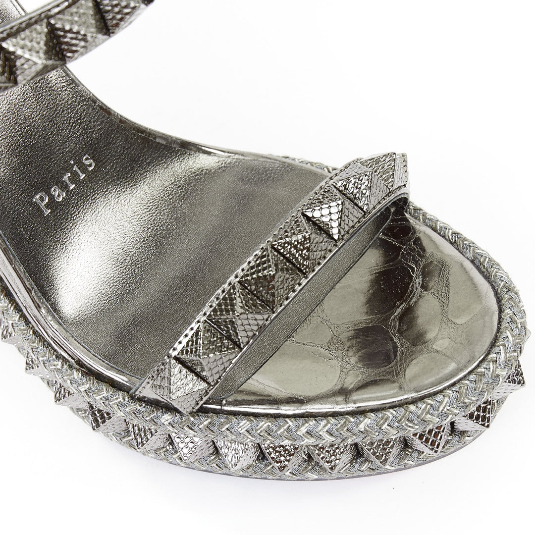 CHRISTIAN LOUBOUTIN Pyraclou 110 Anthracite silver studded espadrille wedge EU37