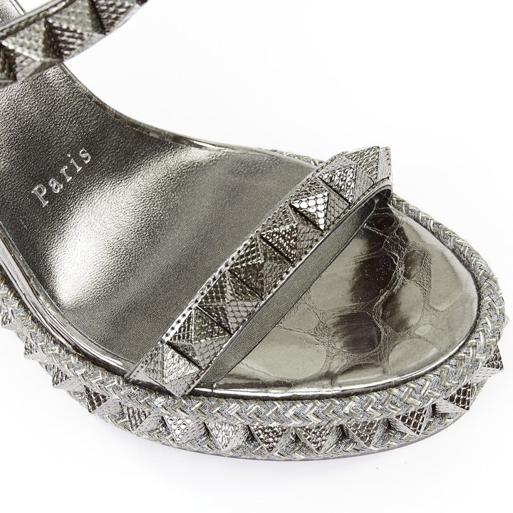 CHRISTIAN LOUBOUTIN Pyraclou 110 Anthracite silver studded espadrille wedge EU37