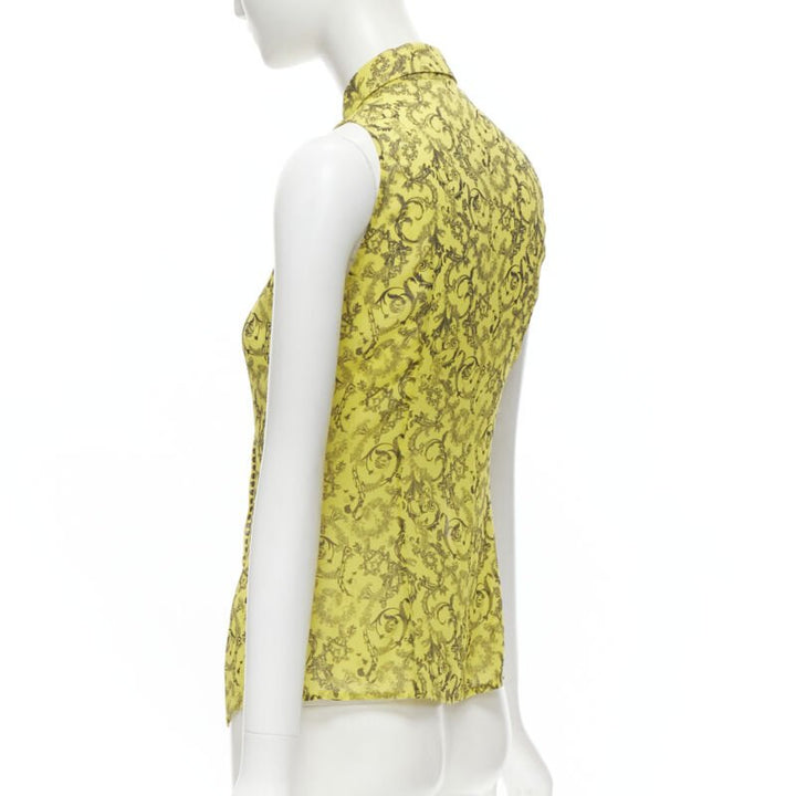 VERSACE yellow silk Baroque print dot pleated collar sleeveless shirt IT40 S