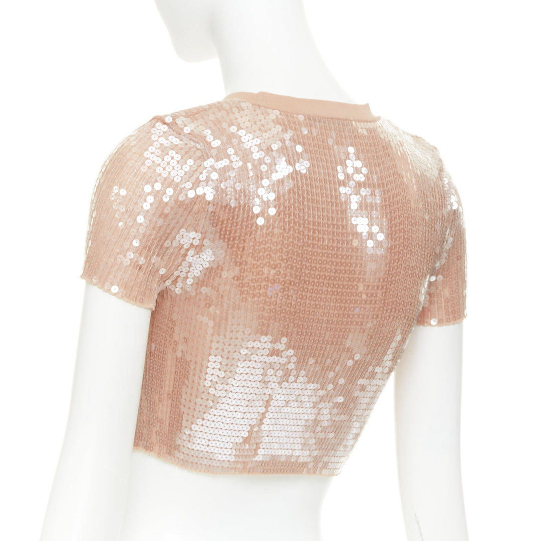 ALEXANDER WANG 2023 Sequin Ribbed nude beige clear sequins cropped sweater XS