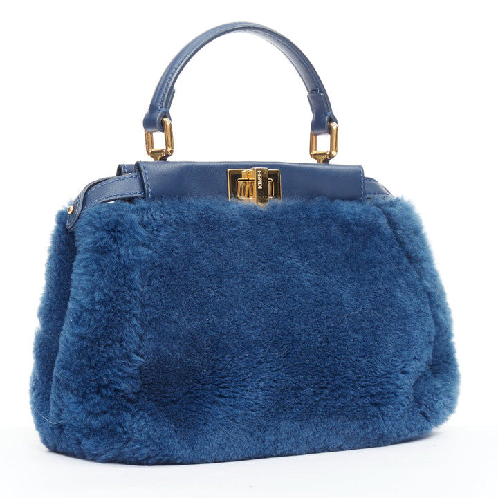 FENDI Peekaboo blue shearling fur gold hardware turnlock crossbody satchel