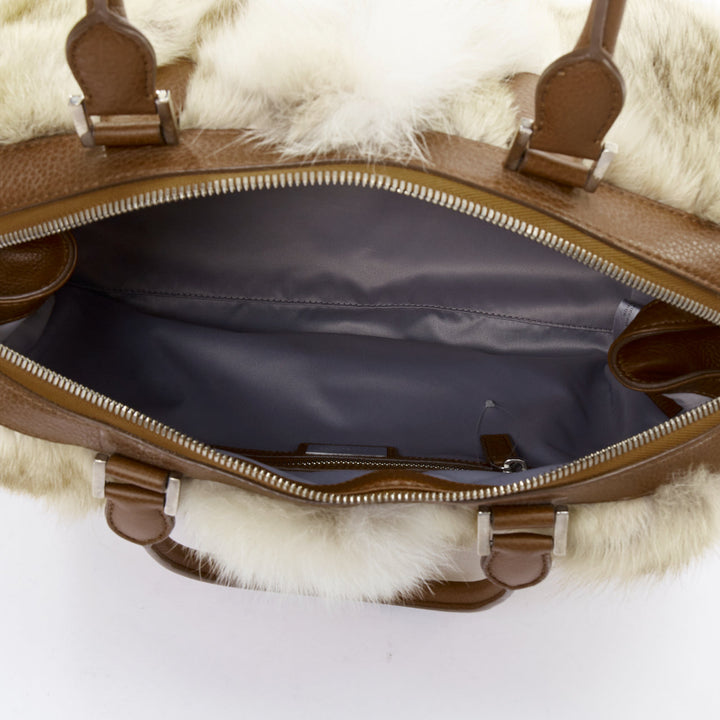 MICHAEL KORS COLLECTION brown leather cream coyote fur duffel tote bag