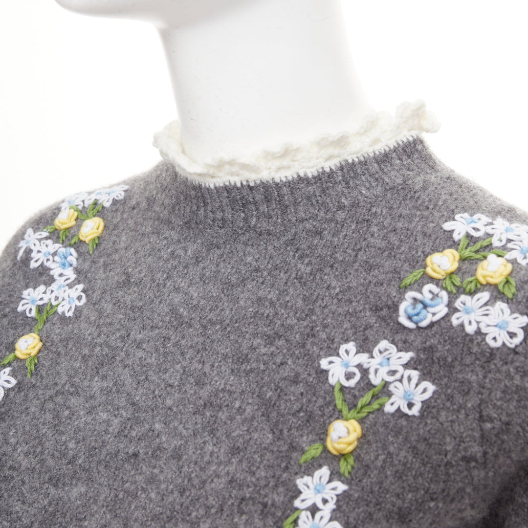 SHUSHU TONG 2024 grey wool embroidered florals lace trim cropped sweater UK6 XS