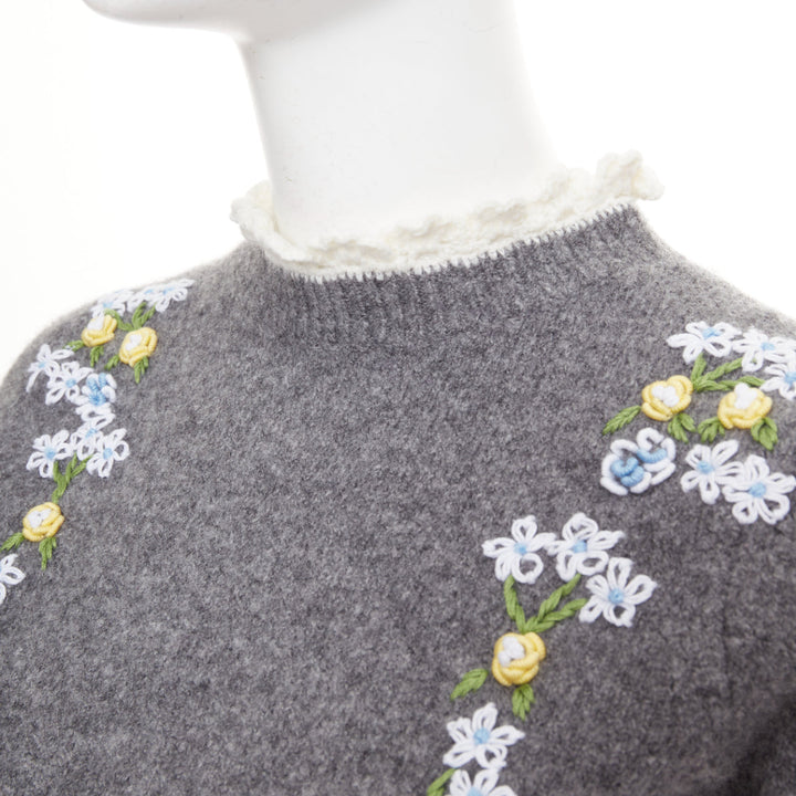 SHUSHU TONG 2024 grey wool embroidered florals lace trim cropped sweater UK6 XS