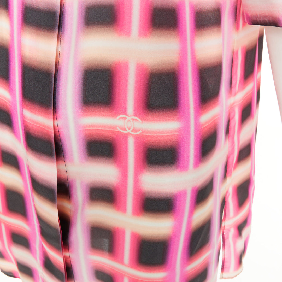 CHANEL 2017 Runway neon pink plaid digital graffiti silk blouse dress FR38 M