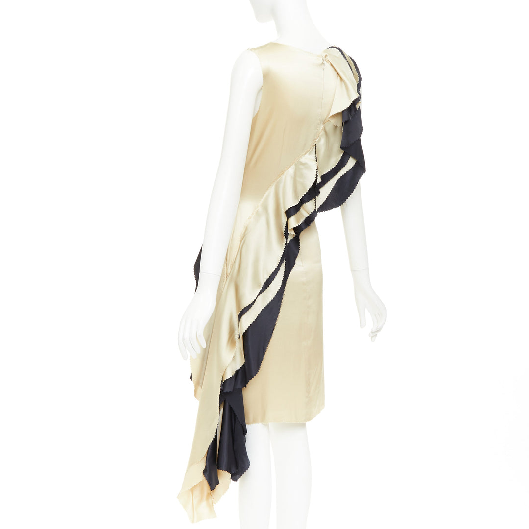 RODARTE 100%  silk champagne black cascade ruffle bias cut cocktail dress US2 S