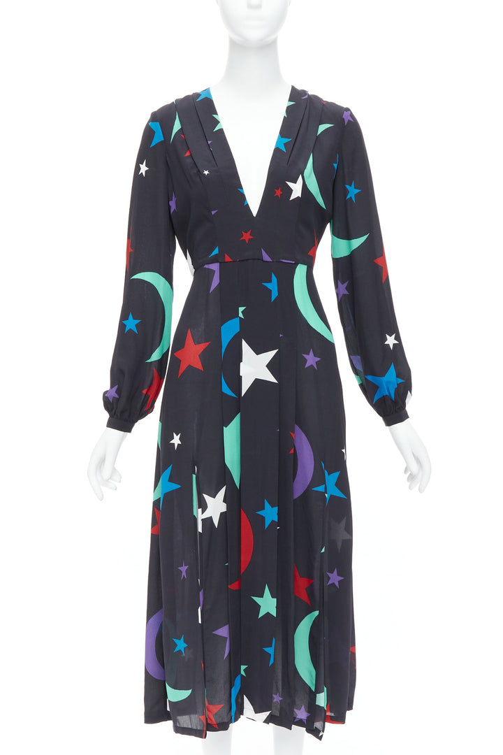 RIXO LONDON Constellation 100% silk black star print V neck dress S