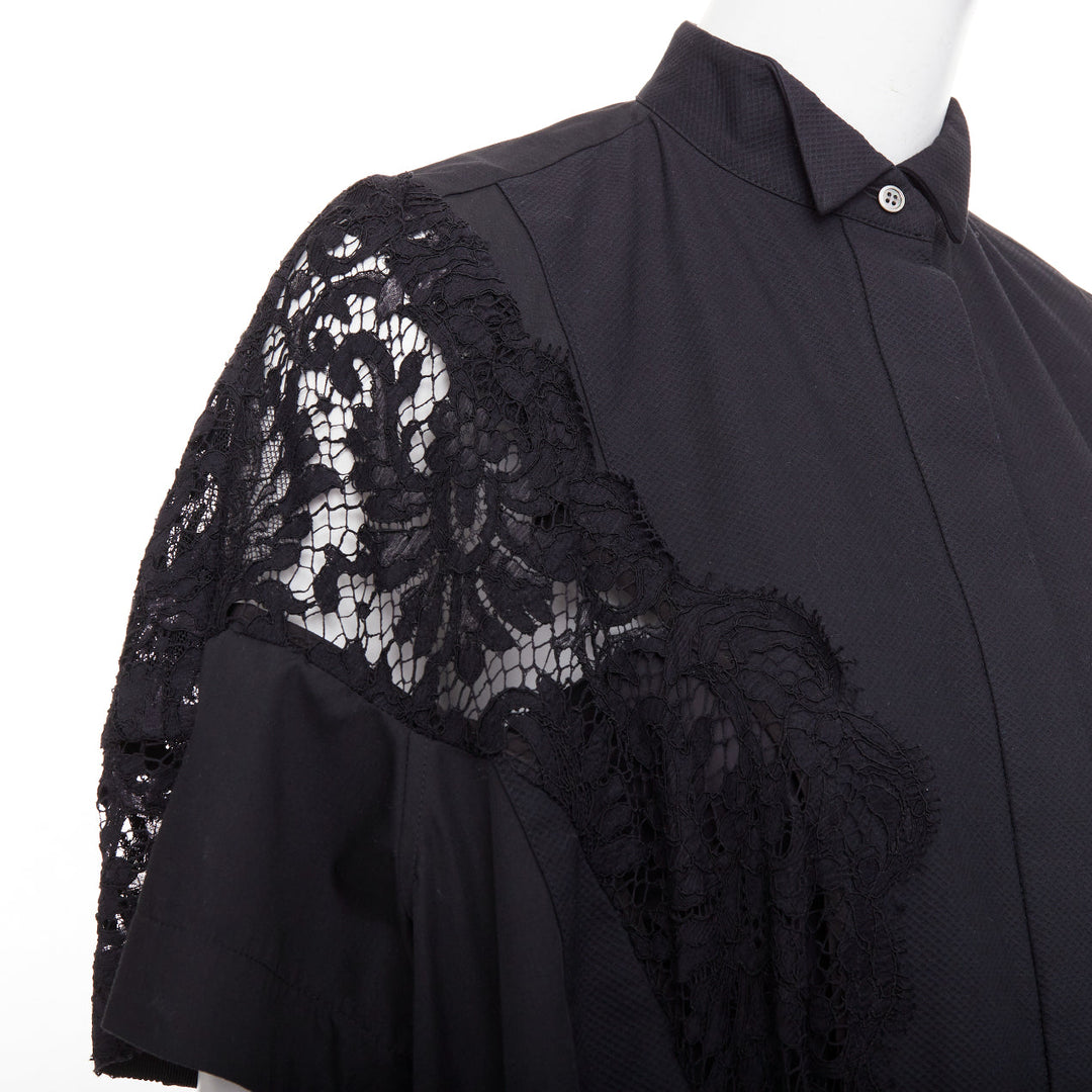 SACAI 2017 black lace trim panelled belt flared lined shirt dress JP1 S