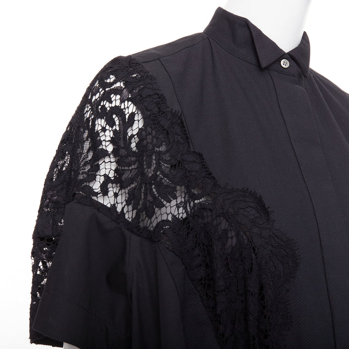 SACAI 2017 black lace trim panelled belt flared lined shirt dress JP1 S