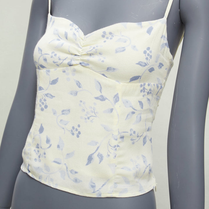REFORMATION cream blue floral print retro ruched tank top US2 S
