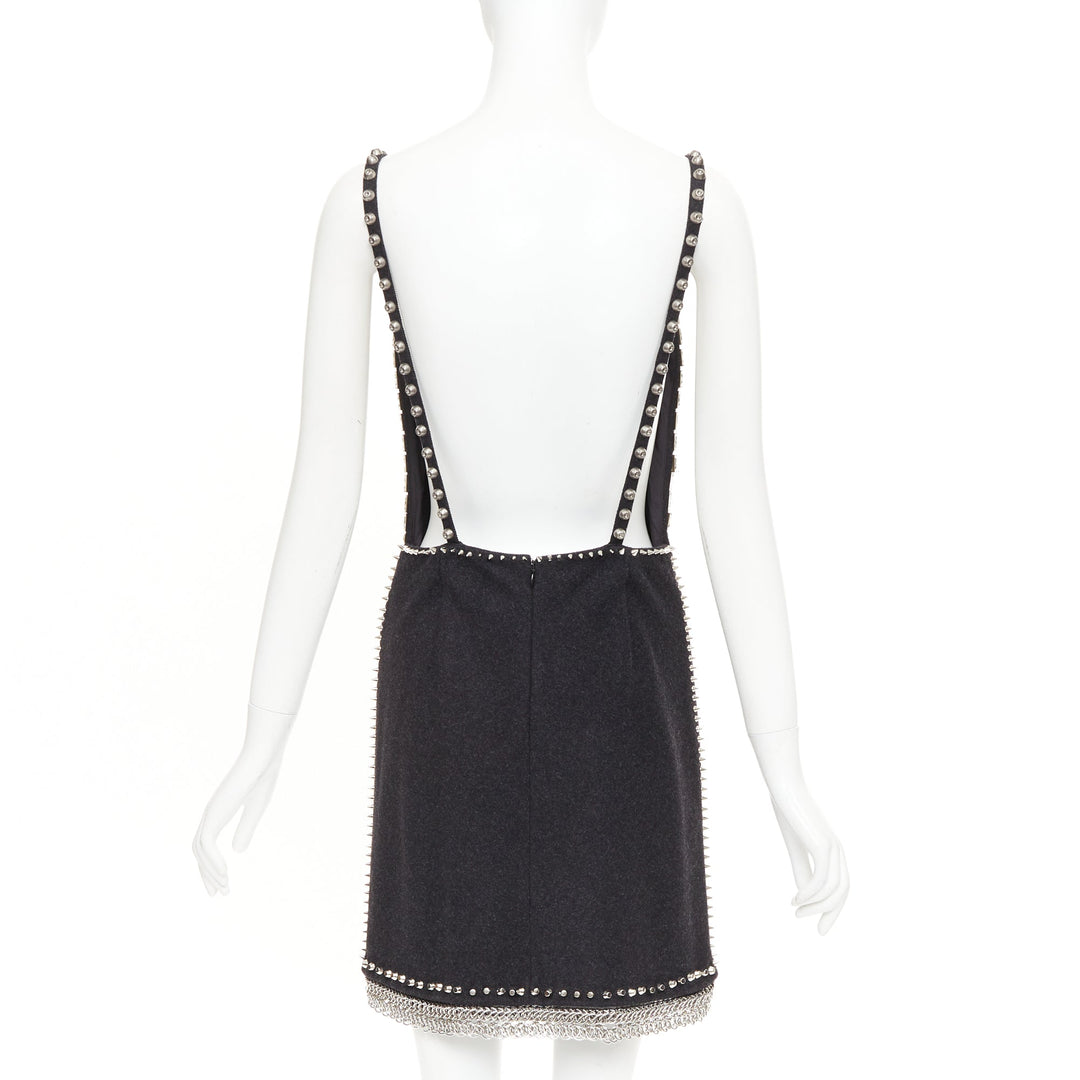 rare MIU MIU 2021 Runway charcoal wool crystal stud chainmail slip dress IT38 XS