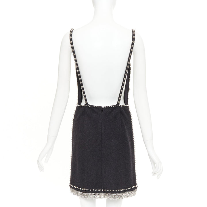 rare MIU MIU 2021 Runway charcoal wool crystal stud chainmail slip dress IT38 XS