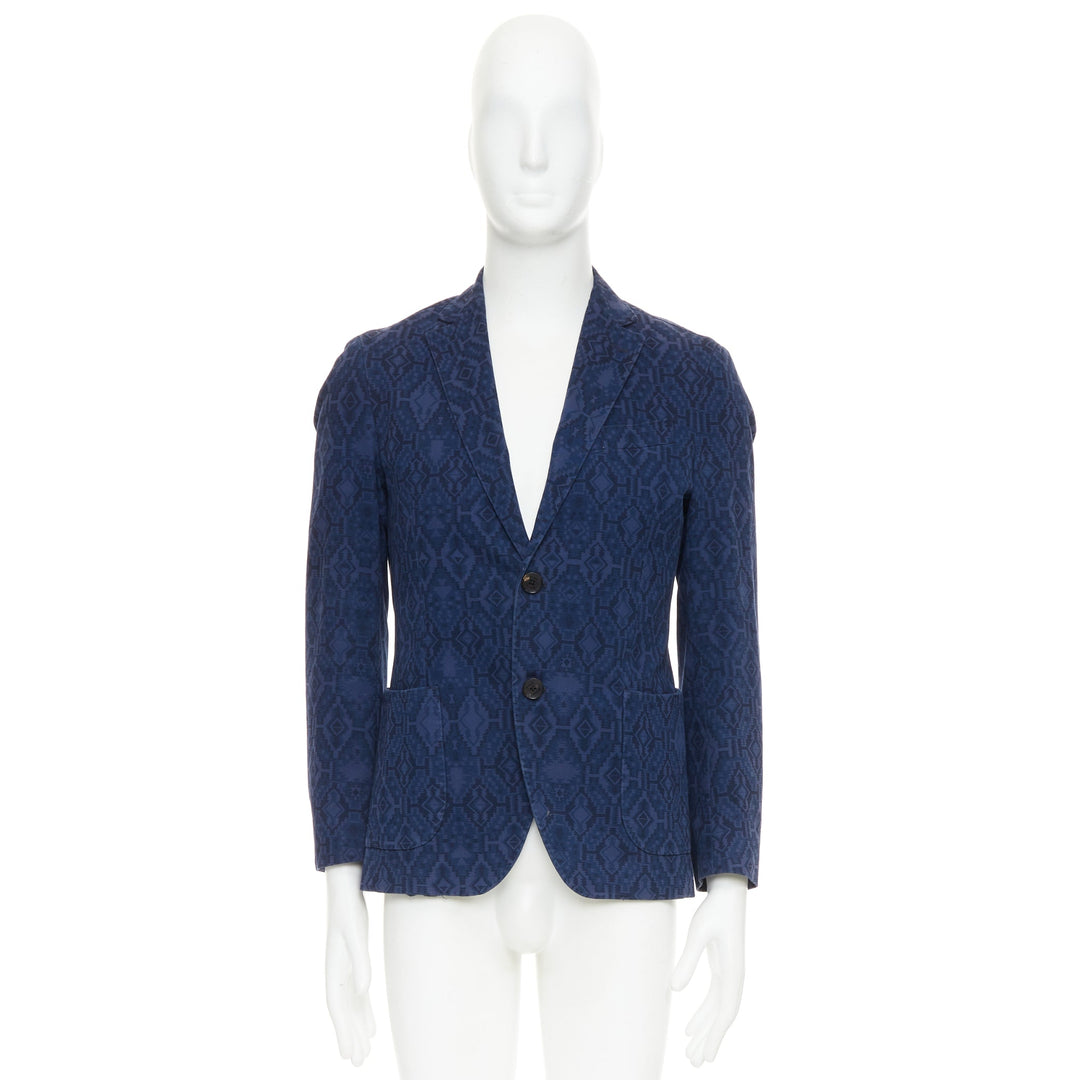 ETRO navy cotton blend aztec print single breasted fitted blazer IT48 M