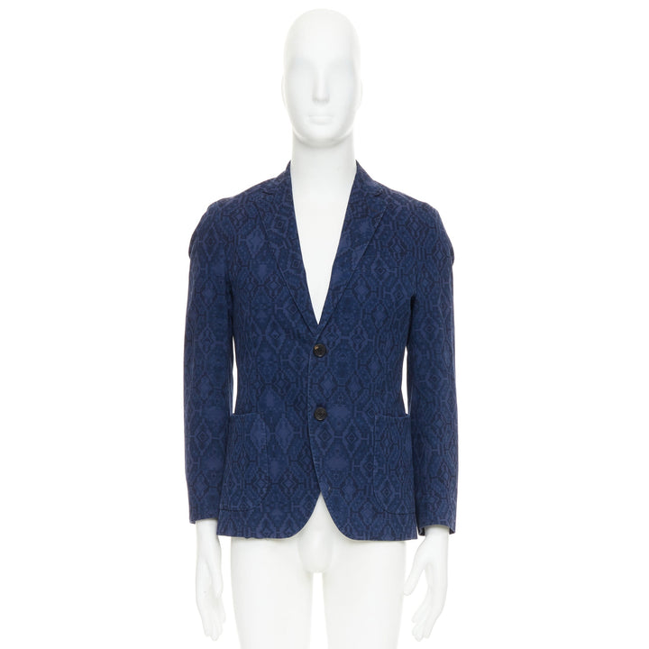 ETRO navy cotton blend aztec print single breasted fitted blazer IT48 M