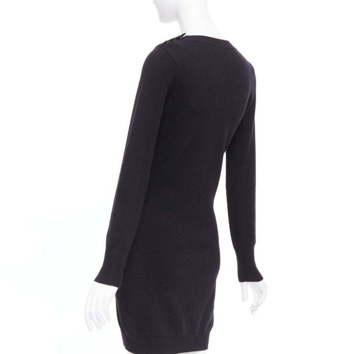 CHANEL 100% cashmere black gold CC logo turnlock shoulder sweater dress FR34 XS