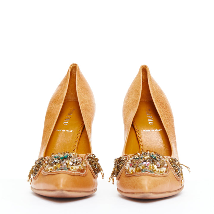 MIU MIU Vintage tan nude bead embellished kitten pumps EU36.5