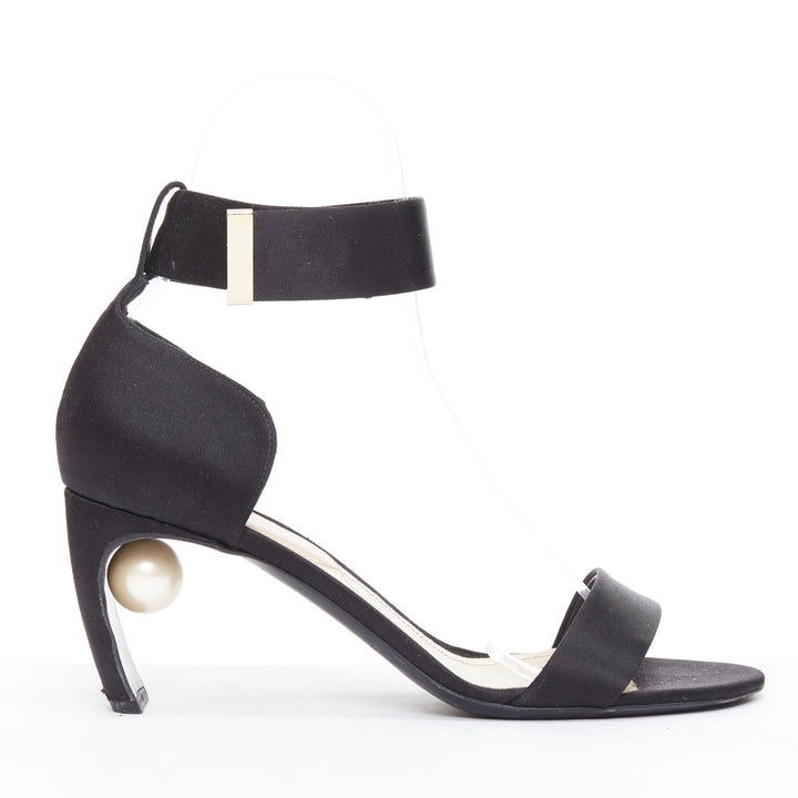 NICHOLAS KIRKWOOD Lola cream pearl heel black satin sandals EU38