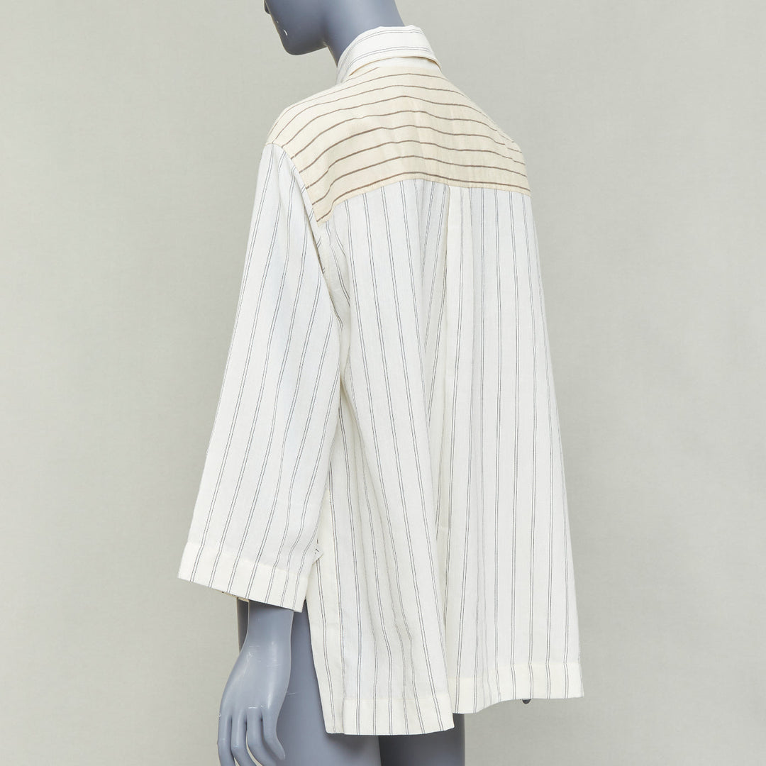 LOEWE JW ANDERSON cream cotton linen pinstripes boxy cropped shirt FR34 XS