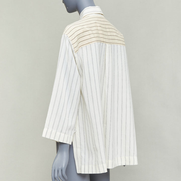 LOEWE JW ANDERSON cream cotton linen pinstripes boxy cropped shirt FR34 XS