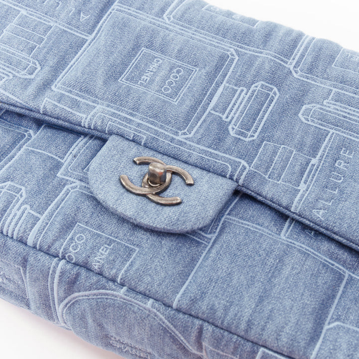 rare CHANEL 2016 Runway Perfume Bottle Embroidered Denim Jumbo Single Flap bag