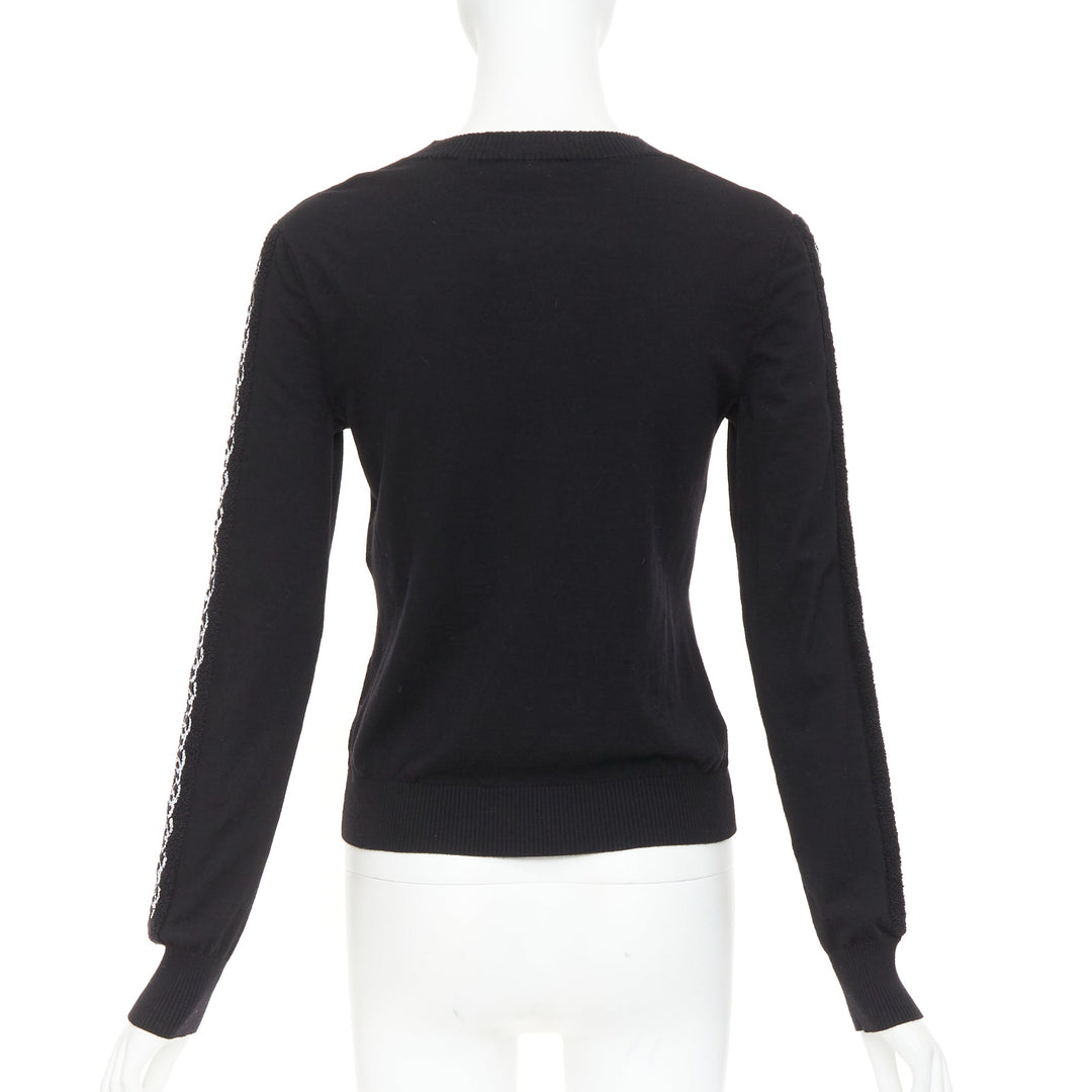CHANEL 21A black wool sequin CC logo stripe sleeve crewneck pullover FR34 XS