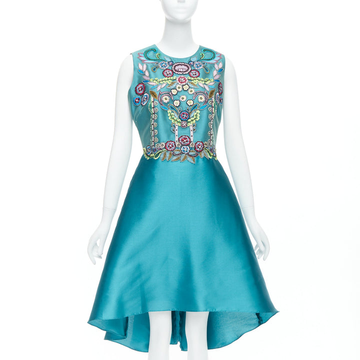 MARCHESA NOTTE Mikado Runway teal blue bead embroidery high low dress US6 M